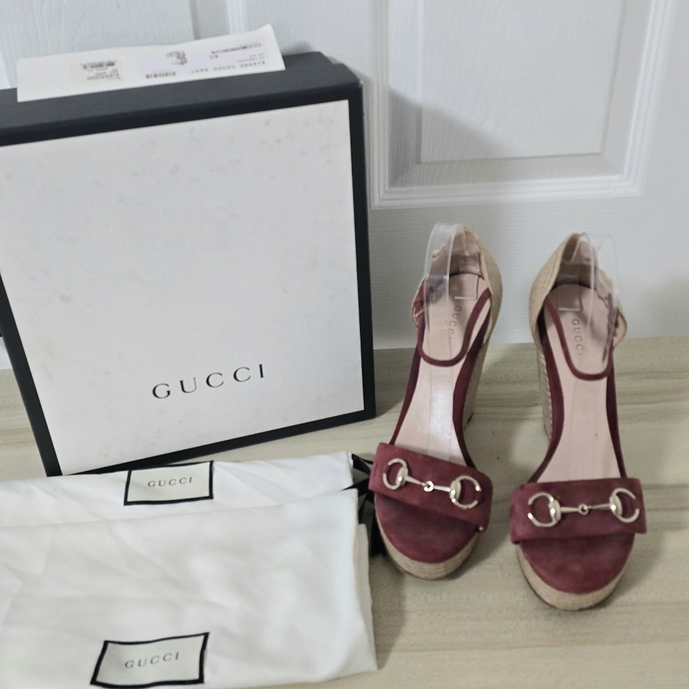 Gucci Horsebit Suede Wedge Espadrille Sandals In Dry Rose Size EU40/US10 - Picture 10 of 15